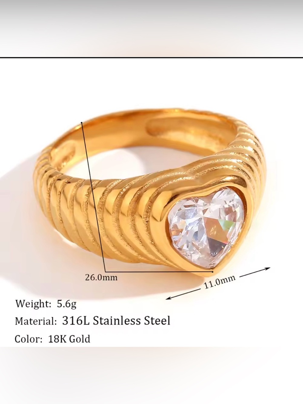 18K Gold-Tone Heart Crystal Stainless Steel Ring